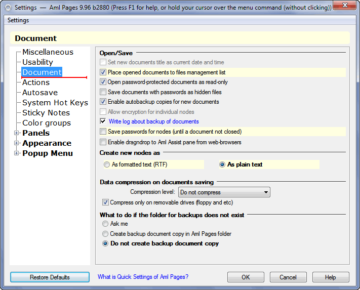 Aml Pages : Settings for safety work - tab Document