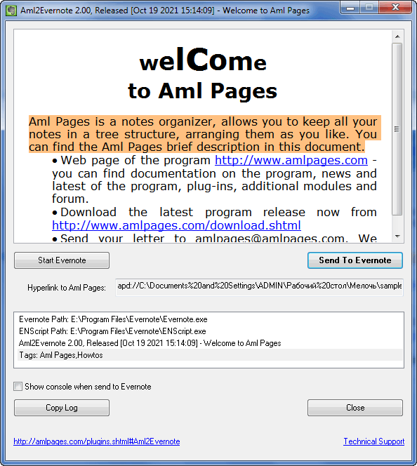 Aml2Evernote - plugin for syncronization Aml Pages document via service Evernote